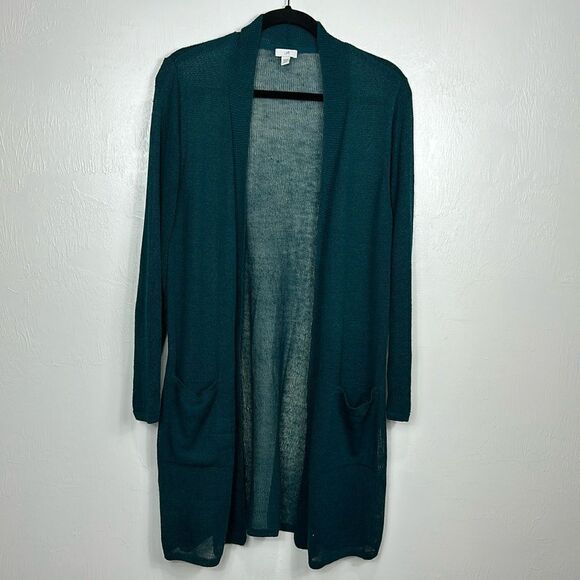 J. Jill Linen Blend Green Open Front Longline Duster Cardigan Size LP - Picture 2 of 12